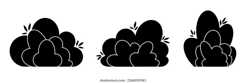 Escombros de arbusto de arbusto de arbusto simple ilustración abstracta del vector de dibujos animados planos. Conjunto de plantas verdes de jardín aisladas en fondo blanco. Elemento ecológico, silueta foliage, objeto decorativo ecológico estilizado
