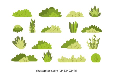 Shrub bush shrubbery tree simple abstract flat cartoon vector illustration. Set of garden green plant isolated on white background. Eco element, foliage silhouette, stylized ecology decorative object