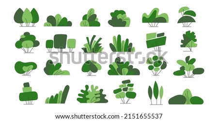 Shrub bush shrubbery tree simple abstract flat cartoon vector illustration. Set of garden green plant isolated on white background. Eco element, foliage silhouette, stylized ecology decorative object