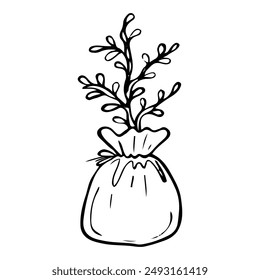 Shrub tree seedling in bag hand drawn doodle style. Hobby gardening. Nursery of plants for landscape. Vector line art illustration.