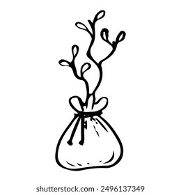 Bolsa de plántula de árbol de arbusto en estilo doodle dibujado a mano. Jardinería de hobby. Vivero de plantas para paisaje. Ilustración de arte de línea de Vector.
