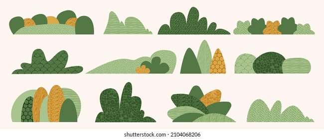 Escombros y protección de arbustos en simple ilustración de dibujos animados tipo escandinavo. Conjunto de arbustos abstractos, follaje, árbol verde con textura. Colección de silueta de planta aislada, forma de jardín tierno