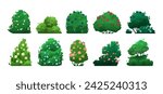 Shrubbery with flowers. Cartoon bushes with blooming plants, garden topiary of deciduous bushes with blooming flowers, bush with berries. Vector isolated set of cartoon bush garden illustration