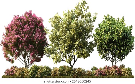 Shrubbery vector trees flowery cutout, landscape design, garden art, blooming flowers, outdoor plant graphics, nature illustrations, green foliage, eco friendly designs