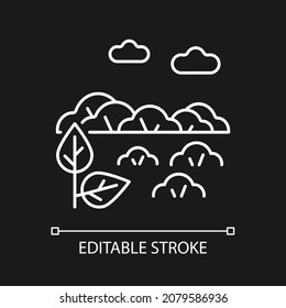 Shrubland white linear icon for dark theme. Scrubland. Bush growing area. Bushwood rocky terrain. Thin line customizable illustration. Isolated vector contour symbol for night mode. Editable stroke