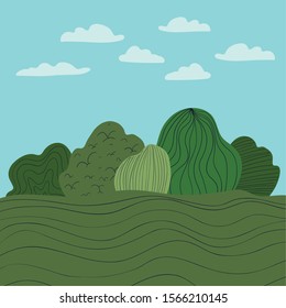 Shrubs and clouds design, Park landscape nature outdoor beautiful season spring and summer theme Vector illustration