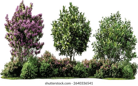 Shrubs plants vector cutout outdoor flowery trees file, nature shapes, decorative greenery, landscape elements, tropical plants, garden design, green foliage