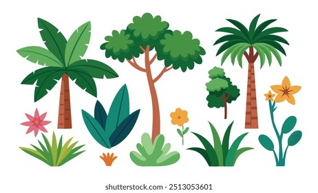 Shrubs tropics tree flowery shapes isolated flat vector illustration Set on white background.