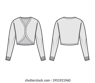 Shrug bolero cardigan technical fashion illustration with V- neck, long sleeves, slim fit, crop length, knit rib trim. Flat Sweater apparel front, back, grey color style. Women, men unisex CAD mockup