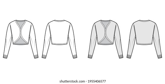 Ilustración técnica de moda de Shrug bolero cardigan con cuello V, mangas largas, ajuste delgado, longitud del cultivo, guarnecido de costillas de punto. Delantera de ropa de suéter plano, de fondo, de color gris blanco. Mujeres, hombres unisex CAD mockup