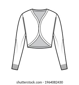 Shrug bolero cardigan technical fashion illustration with V- neck, long sleeves, slim fit, crop length, knit rib trim. Flat Sweater apparel front, white color style. Women, men unisex CAD mockup
