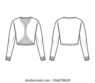 Ilustración técnica de moda de Shrug bolero cardigan con cuello V, mangas largas, ajuste delgado, longitud del cultivo, guarnecido de costillas de punto. Delantera de ropa de suéter plano, de espalda, de color blanco. Mujeres, hombres unisex CAD mockup