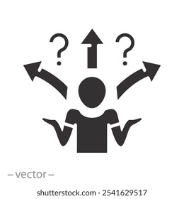 shrug man, doubt person icon, confusion in choosing a path, flat vector illustration