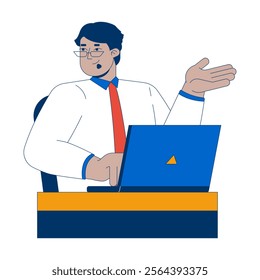 Shrugging arab man office worker typing laptop at desk 2D cartoon character. Middle eastern male employee working notebook isolated person flat vector on white background. Spot illustration colorful