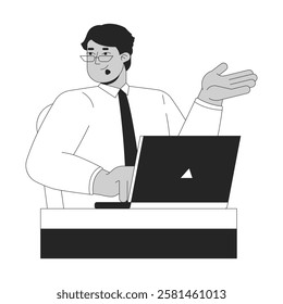 Shrugging arab man office worker typing laptop at desk black and white 2D line character. Middle eastern male employee working notebook isolated vector outline person. Monochromatic spot illustration