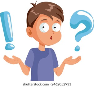 
Shrugging Little Boy Confused with Childhood Issues Vector Cartoon. Student learning about problems and solution finding 
