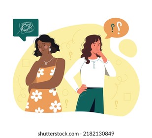 Concepto de mujeres encogidas. Empleados buscando la manera de resolver el problema, encuentran respuesta a la pregunta. Caracteres reflexivos, confusión e incertidumbre. Personalidades creativas. Dibujo vectorial plano de dibujos animados