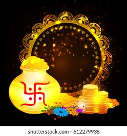 Shubh Akshay Tritiya or Akha Teej, Vector Illustration with Golden Shiny Frame, Golden Pot, Coins etc. for the celebrations of Hindu Festival.