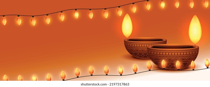 shubh deepavali banner with bunting liights and diya design text space 