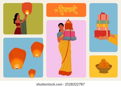 Caligrafía 'Shubh Deepavali' en hindi significa feliz Diwali, pueblo indio celebrando la Ilustración vectorial del festival Diwali, diseño de Plantilla de publicaciones en redes sociales