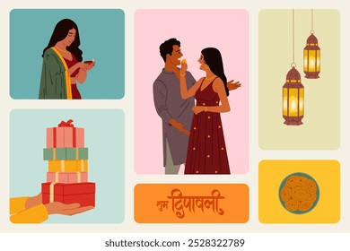 'Shubh Deepavali' Calligraphy in Hindi means Happy Diwali, Indian people celebrating Diwali festival vector illustration, social media post template design