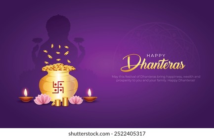 Shubh Dhanteras Anuncio y Tarjeta de Felicitación. Feliz celebración del festival hindú de Dhanteras con texto y Ilustración vectorial de fondo de Dhanteras 