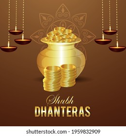 Shubh dhanteras celebration greeting card, Dhanteras indian festival background with gold coin