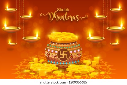 Shubh Dhanteras festival card with gold diya patterned and crystals on paper color Background. Shubh Dhanteras festival card with gold diya patterned and crystals on paper color Background.