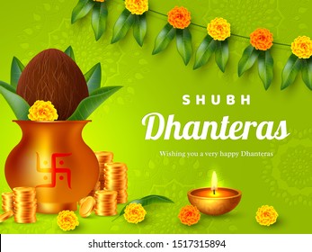 Shubh Dhanteras holiday composition for Diwali festival celebration. Indian pots for pooja with coins and diya, floral garland. Vector illustration.