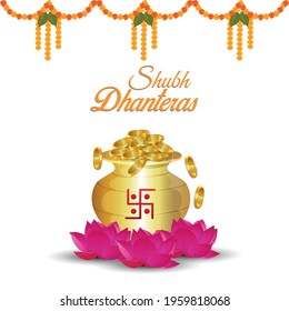 Shubh dhanteras invitation greeting card with vector gold coin pot and lotus flower