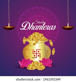 Shubh dhanteras invitation greeting card with creative gold coin pot