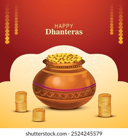 Shubh dhanteras fondo de ocasión con diseño de olla de moneda de oro