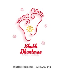 shubh dhanteras spiritual background with goddess laxmi charan for pooja vector. Translation: Shubh Dhanteras, shubh means happy, dhan means wealth and teras means thirteen