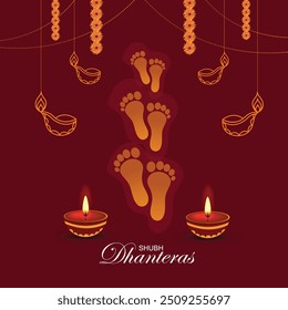 Shubh Dhanteras wishes background with goddess Charan and oil lamp vector