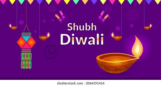 Shubh Diwali banner with diya and colorful lantern.