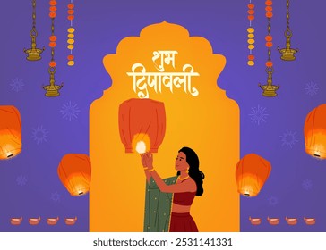 'Shubh Diwali' Calligraphy in Hindi means Happy Diwali, Indian woman celebrating Diwali festival vector illustration, social media post template design