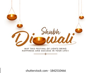 Shubh Diwali Font With Illuminated Oil Lamps Decorated On White Background.