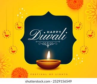 Shubh Diwali brillante Diya fondo amarillo con Vector de decoración de flores