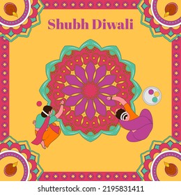 Shubh Diwali Greeting Card With Indian Women Making Rangoli And Lit Oil Lamps (Diya) Mandala On Chrome Yellow And Pink Background.