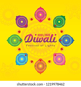 Shubh Diwali ( Happy Diwali : Festival of light ) greeting card Vector illustration. Colorful Diya lamp on yellow background.