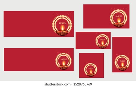 Shubh Diwali header, poster or template design with illuminated oil lamps (Diya) decorated background with rangoli.