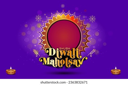 Shubh Diwali Mahotsav. Indian traditional festival of lights. Logo and blue background. Poster, banner, template Design.