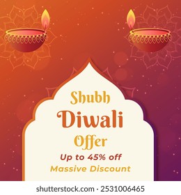 Banner da Oferta Shubh Diwali com até 45% de desconto. Ilustração de vetor. Grande Desconto. Projeto de fundo Diwali com luzes, velas e fogos de artifício. Venda até 45% de desconto.