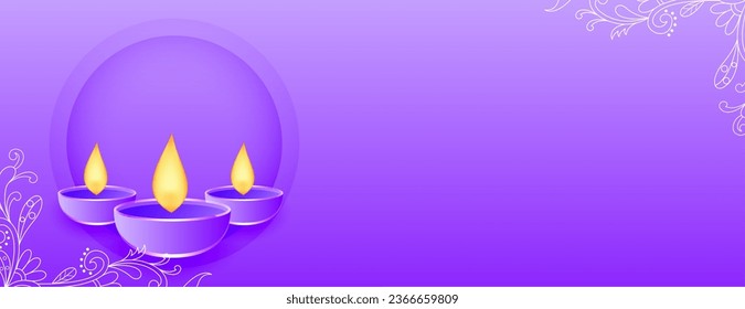 shubh diwali purple banner with image or text space and diya design 
