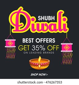 Shubh Diwali Sale Banner, Best Offers Flyer, Special Discount Poster, 35% Off, Sale background with hanging kandil lamps and oil lamp (Diya) decoration, Indian Festival of Lights celebration concept.