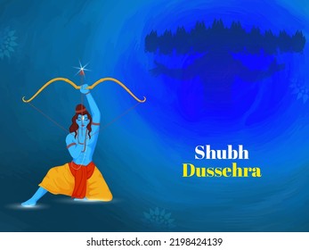 Shubh Dussehra Font With Lord Rama Taking An Aim And Silhouette Demon King Ravana On Blue Background.
