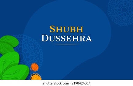 Shubh Dussehra Font With Marigold Flowers And Betel Leaves On Blue Mandala Background.