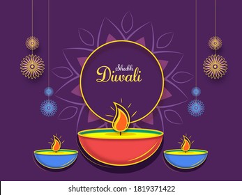 Shubh (Happy) Diwali Font with Lit Oil Lamps (Diya) and Hanging Quilled Mandala Decorated on Purple Background.