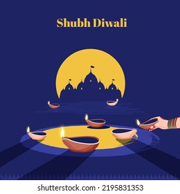 Diseño De Afiches Shubh (Happy) Diwali Con Lámparas De Aceite (Diya) Quemando A Mano De Mujeres, Templo De Silueta O Ayodhya Vista Sobre El Fondo Azul Y Amarillo.