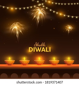 Shubh (Happy) Diwali Text with Lit Oil Lamps (Diya) Decorated Railing and Lighting Garland on Brown Fireworks Background.